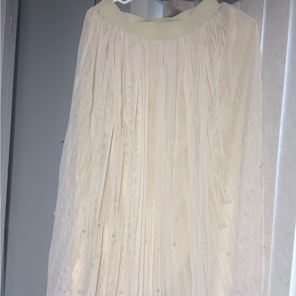 Pleated Tulle Midi Skirt with Pearl Accents - Cream
